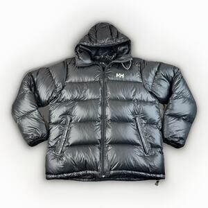 Helly Hansen Mens Hooded Down Puffer Jacket L Black Goose Down Winter Coat Parka